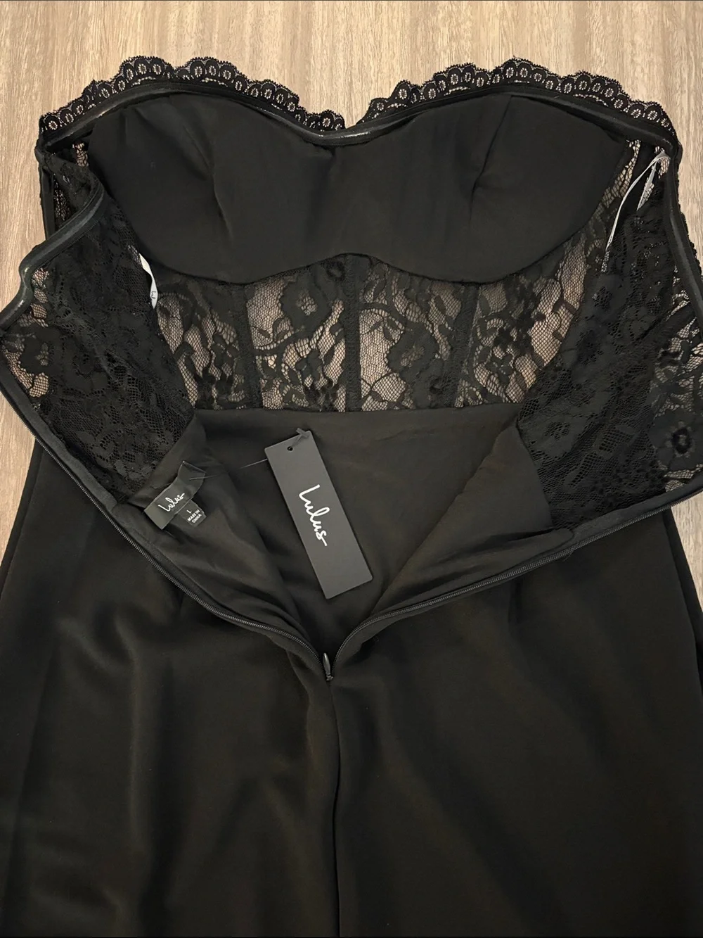Lulu’s Strapless Lace Corset Midi Dress Women Size Large Black